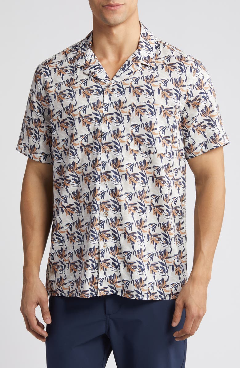Johnston & Murphy Foliage Print Short Sleeve Cotton & Modal Camp Shirt, Main, color, Ivory
