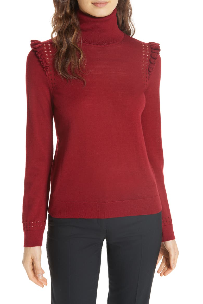 kate spade new york ruffle turtleneck sweater, Main, color, DEEP RUSSET