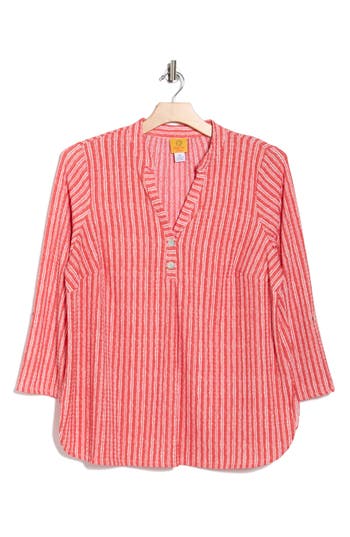 Ruby Rd. Plus Size Crinkle Knit Striped Henley Top In Pink