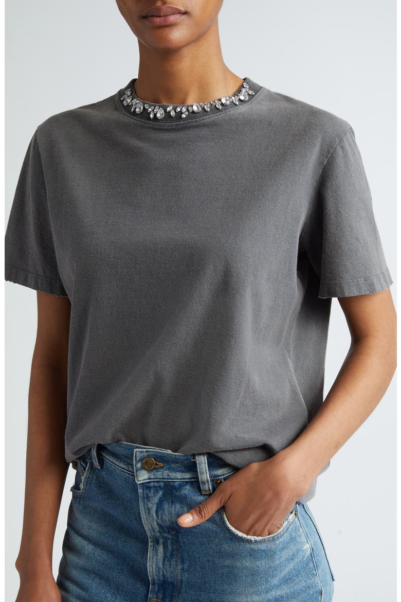 Crystal Embellished Distressed Cotton T-Shirt, Alternate, color, ANTHRACITE