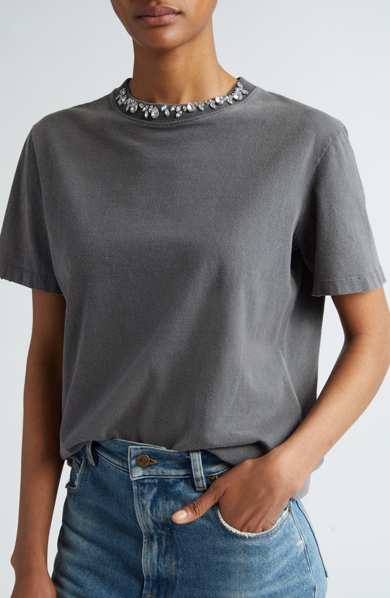 Golden Goose Crystal Embellished Distressed Cotton T-Shirt, Alternate, color, Anthracite