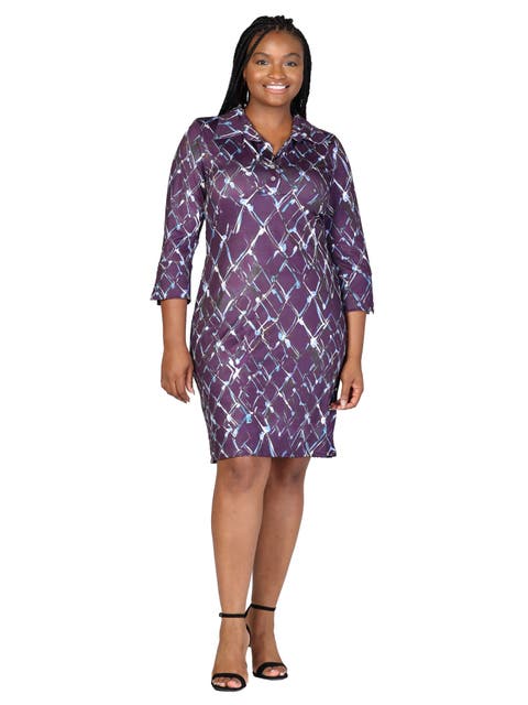 Plus Size  Purple Geometric Print Three Quarter Sleeve Collar Mini Dress