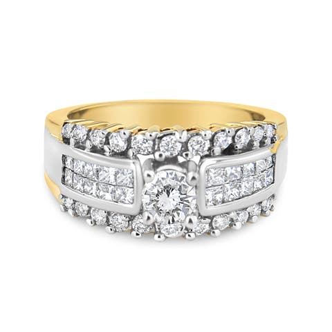 14K Yellow and White Gold 1 1/2 Cttw Round and Princess-Cut Diamond Band Ring