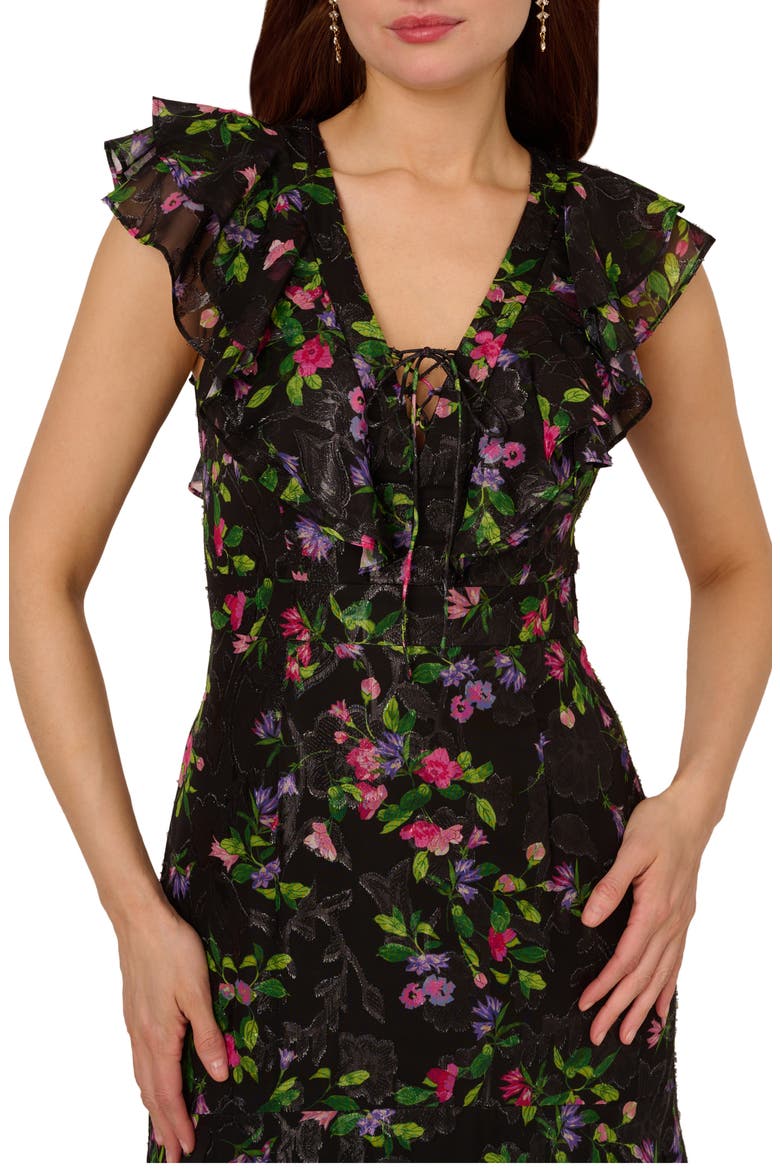 Tiered Floral Print Lace-Up Chiffon Gown, Alternate, color, BLACK MULTI