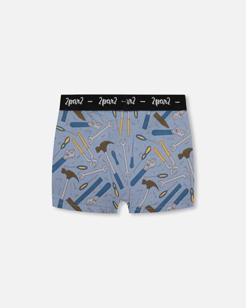 Deux Par Deux Boy's Printed Organic Cotton Boxer Shorts Tools On Bluish Gray Background In Tools On Bluish Gray