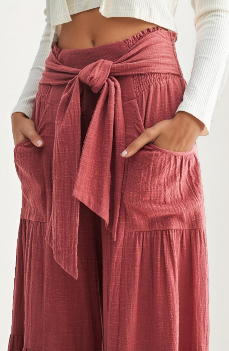 Knit and Lounge Wide-Leg Tie-Front Patch-Pocket Pants, Alternate, color, Reddish Pink