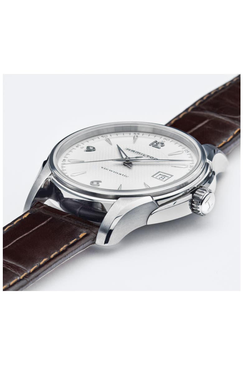 Jazzmaster Viewmatic Auto Leather Strap Watch, 40mm, Alternate, color, BROWN/ SILVER Z/DNU