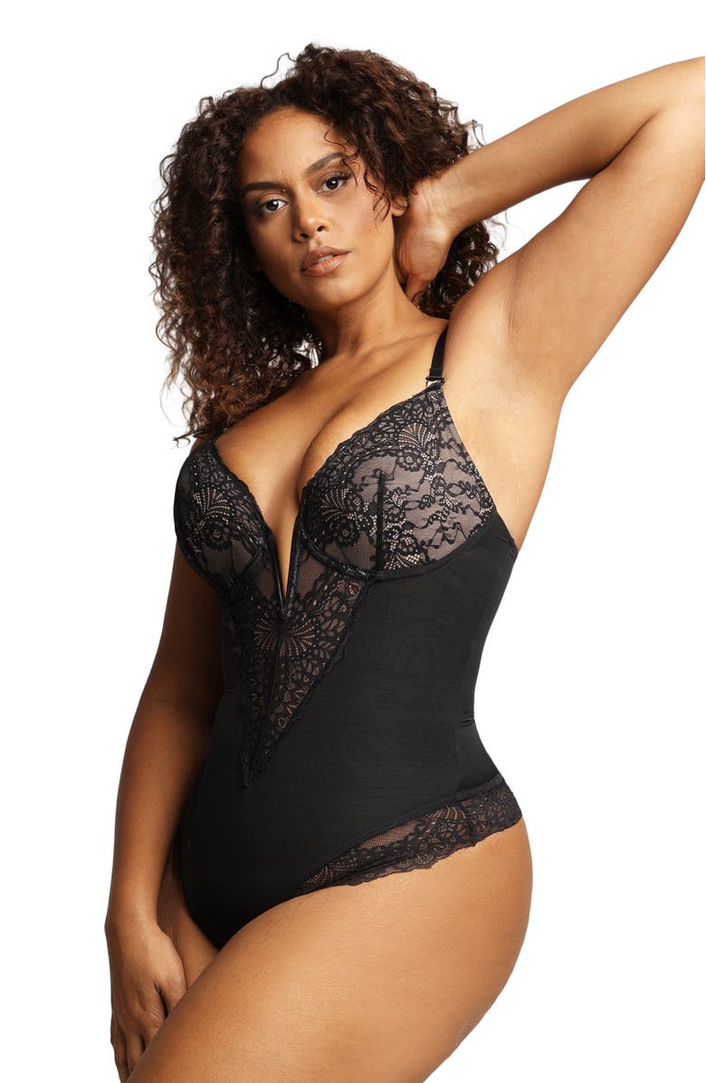 Popilush Plus Size Shapewear Lace Deep V-Neck Sculpting Thong Bodysuit, Alternate, color, Midnight Black