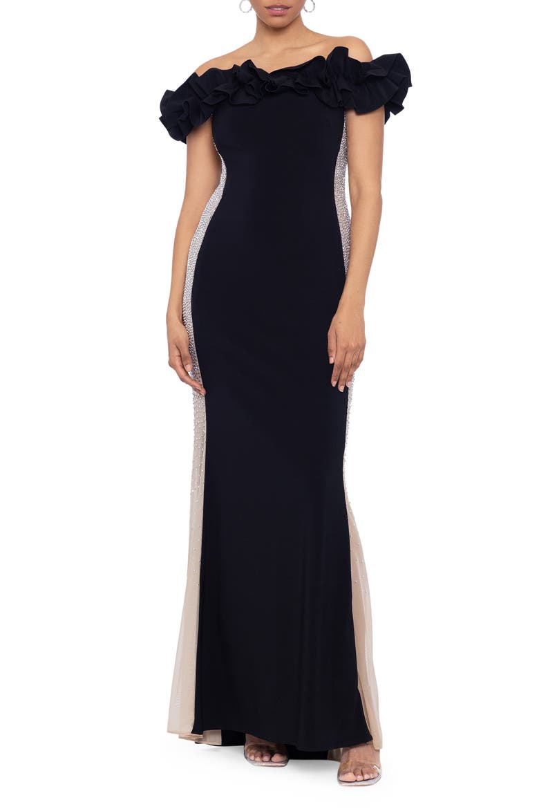 Off the Shoulder Mesh Contrast Gown, Main, color, BLACK/ SILVER