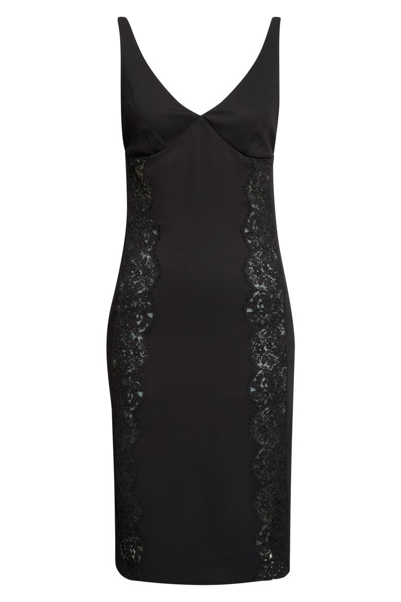Lace Trim Stretch Cady Cocktail Dress, Main, color, BLACK