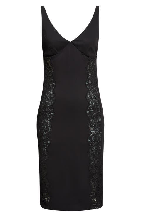 Lace Trim Stretch Cady Cocktail Dress