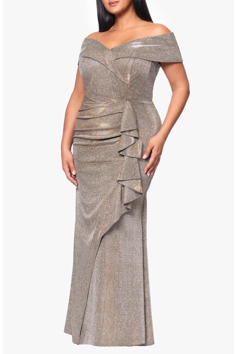 Raveena Foil Knit Off the Shoulder Ruched Gown, Alternate, color, SAND