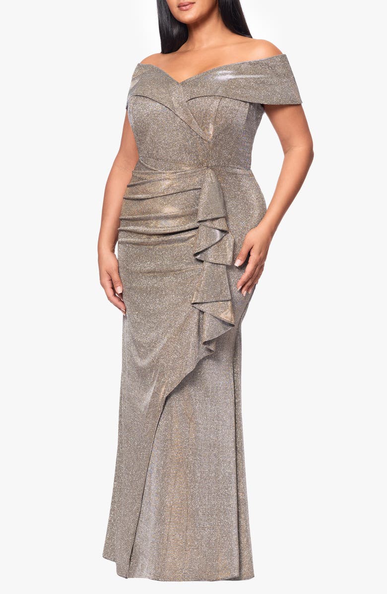 Xscape Evenings Raveena Foil Knit Off the Shoulder Ruched Gown, Alternate, color, Sand