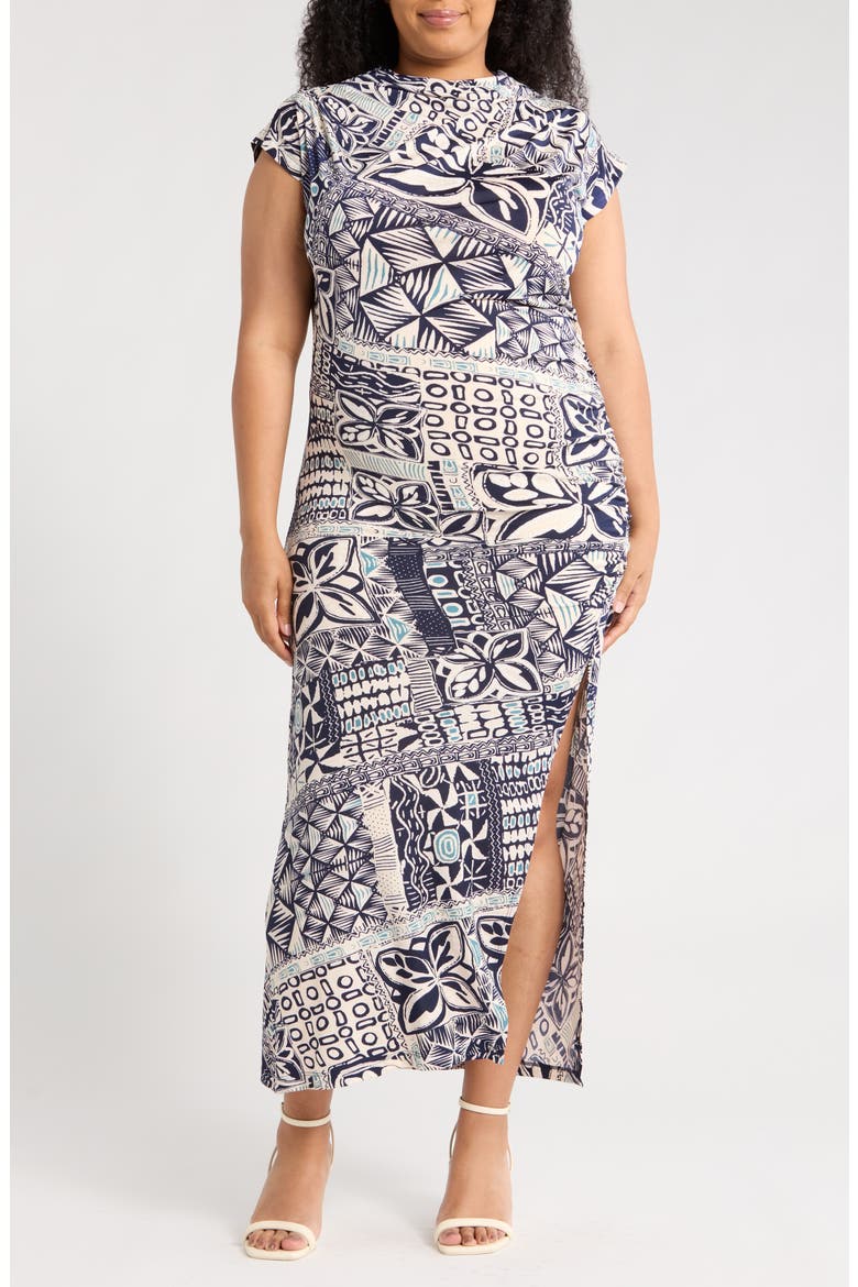 Ruched Cap Sleeve Stretch Jersey Body-Con Dress, Main, color, NAVY