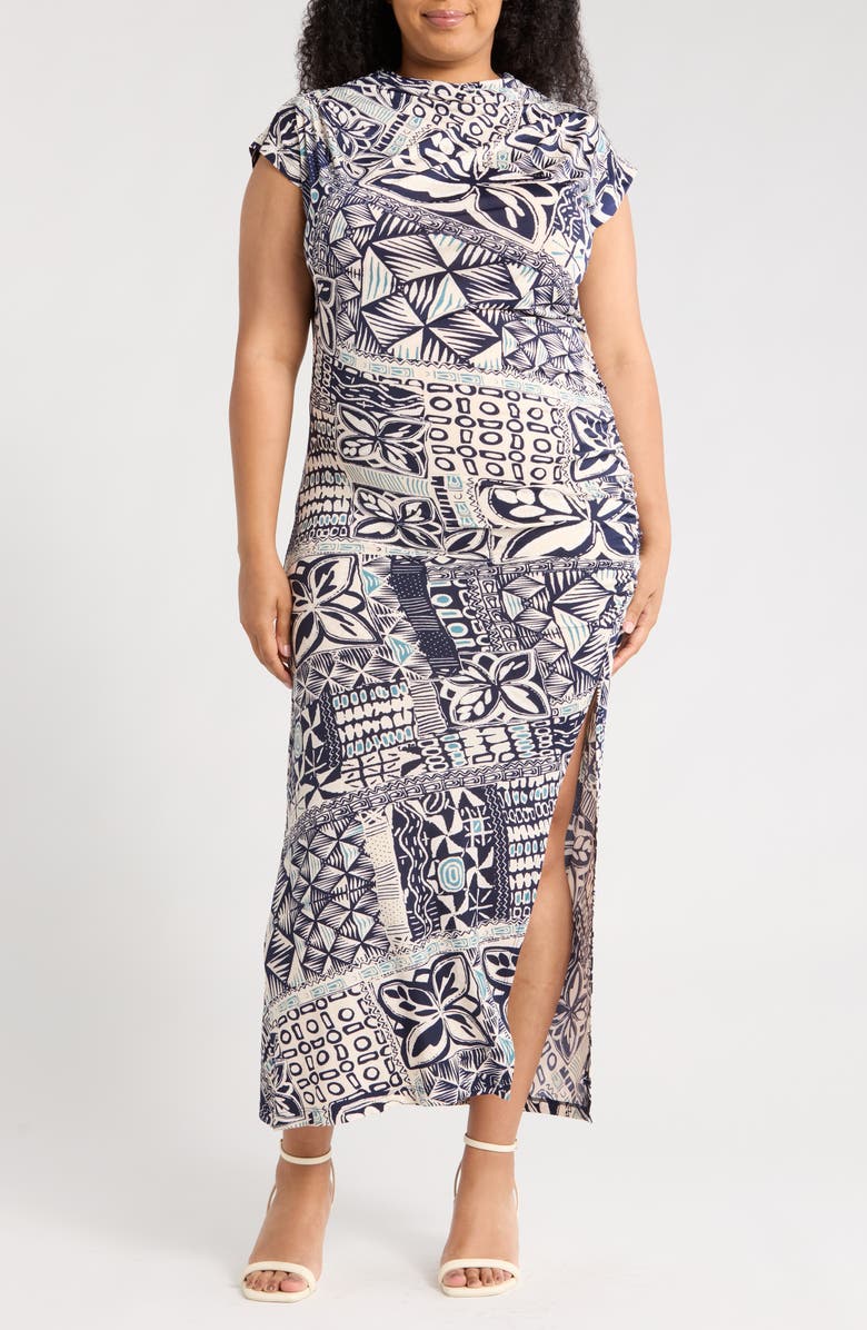 Renee C Ruched Cap Sleeve Stretch Jersey Body-Con Dress, Main, color, Navy