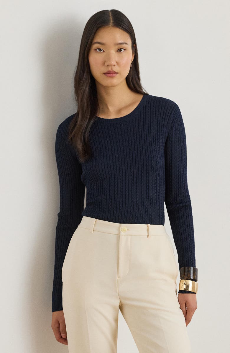 Lauren Ralph Lauren Cable Knit Long Sleeve Sweater, Alternate, color, Lauren Navy Blue