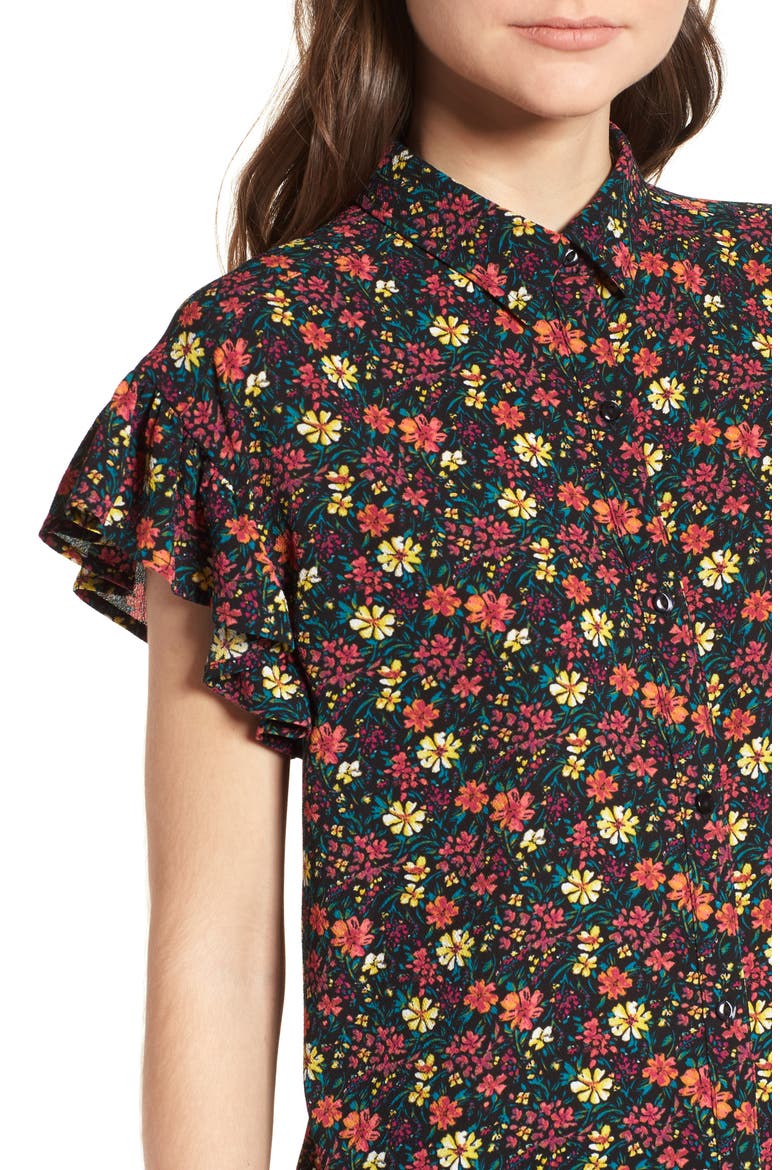 Ruffle Sleeve Print Shirt, Alternate, color, BLACK MIX N MATCH A