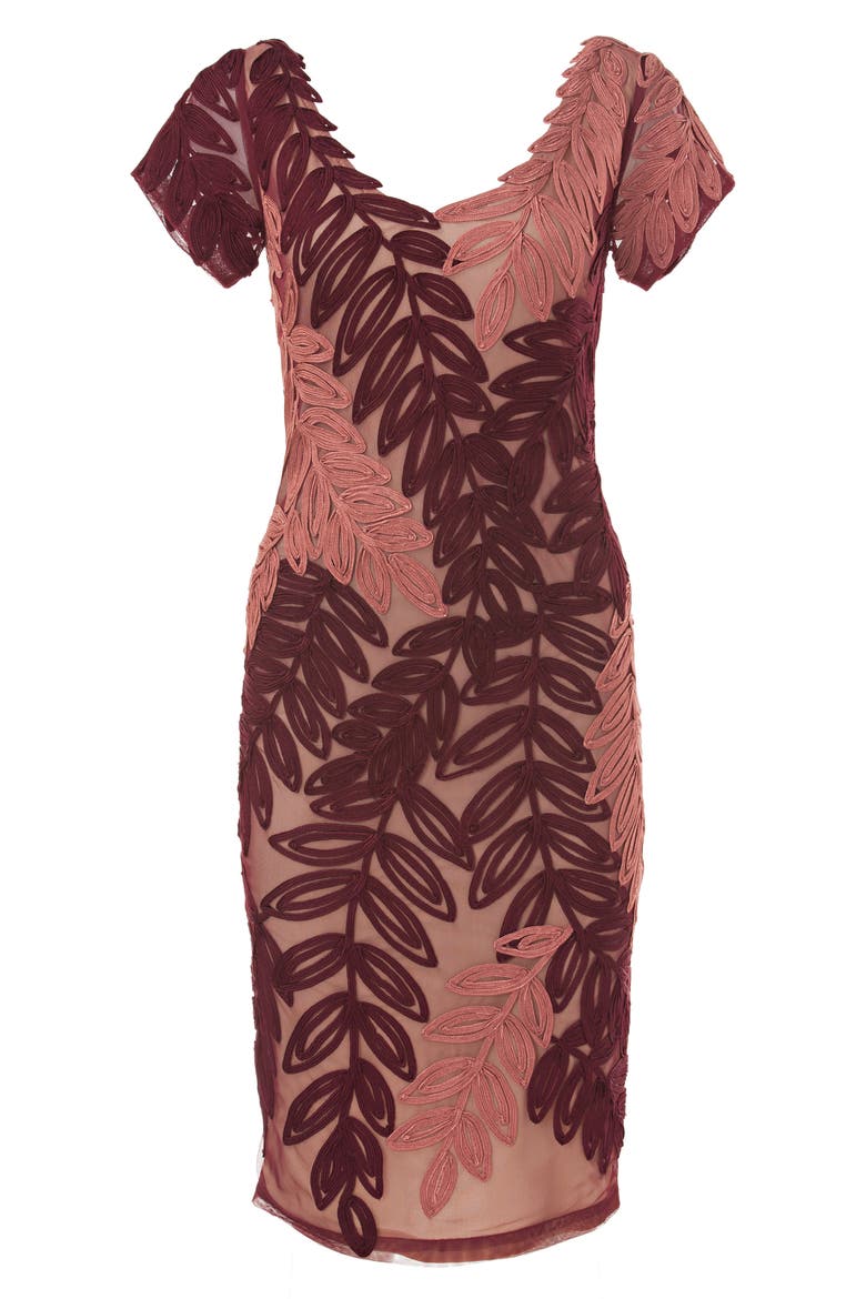 Leaf Soutache V-Neck Sheath Dress, Alternate, color, GARNET/ SIENNA