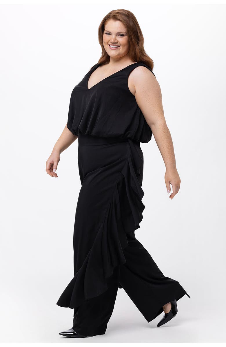 Celebrations by Sydney's Closet V-Neck Stretch Satin Plus Size Jumpsuit with Ruffles, Main, color, Black