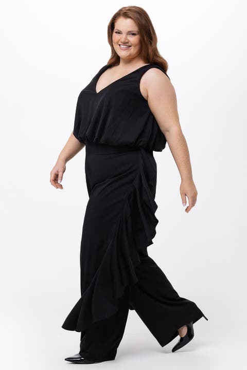 V-Neck Stretch Satin Plus Size Jumpsuit with Ruffles