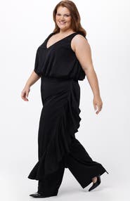 Celebrations by Sydney's Closet V-Neck Stretch Satin Plus Size Jumpsuit with Ruffles