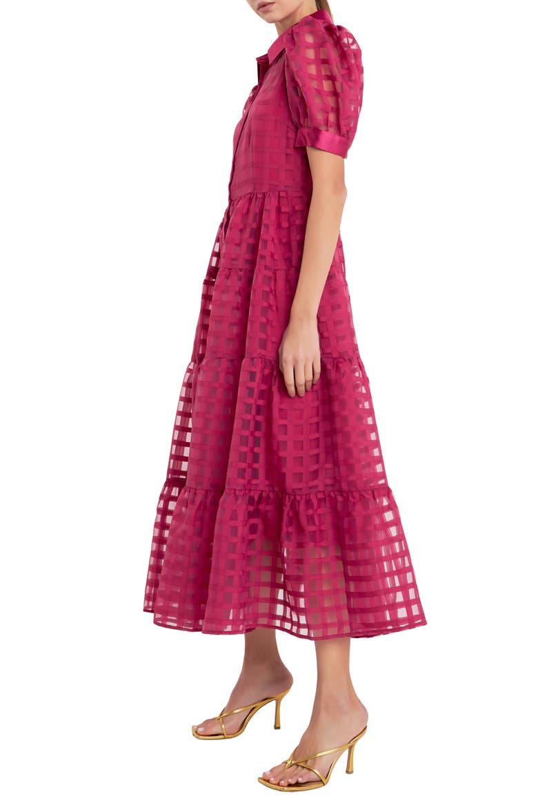 Grid Pattern Tiered Midi Shirtdress, Alternate, color, BORDEAUX