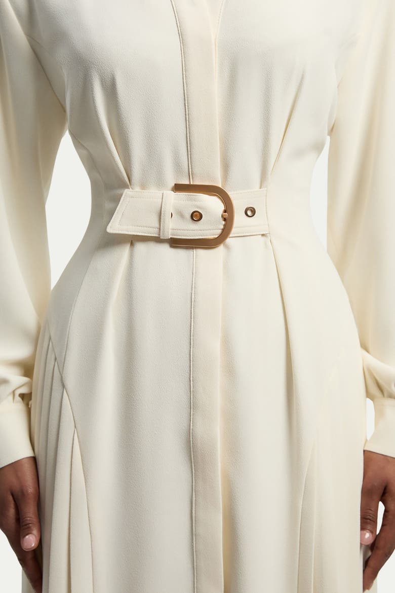 Tailored Crepe Belted Pleated Midi Dress, Alternate, color, Ivory