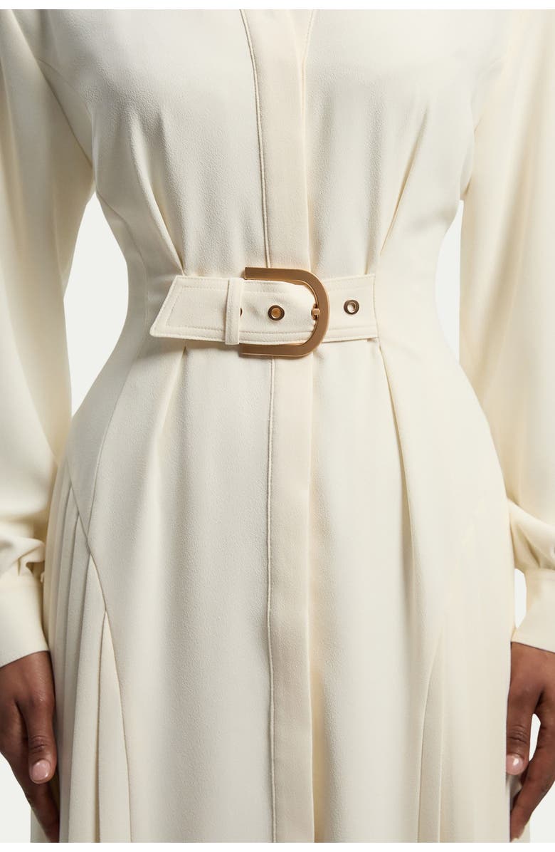 Karen Millen Tailored Crepe Belted Pleated Midi Dress, Alternate, color, Ivory