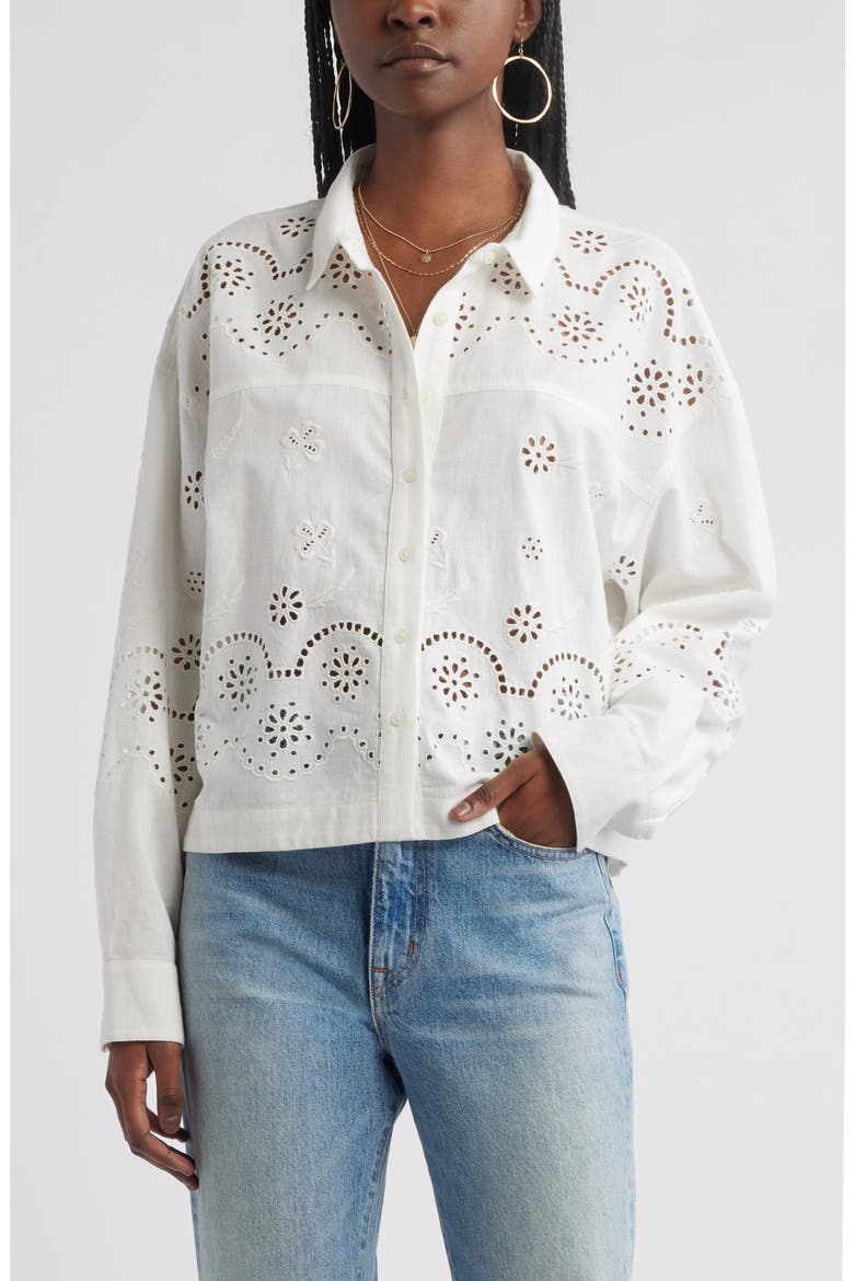 Eyelet Cotton & Linen Button-Up Shirt, Main, color, IVORY EGRET