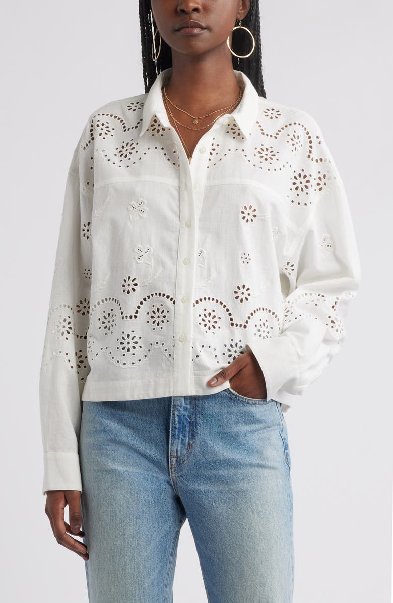 Treasure & Bond Eyelet Cotton & Linen Button-Up Shirt, Main, color, Ivory Egret