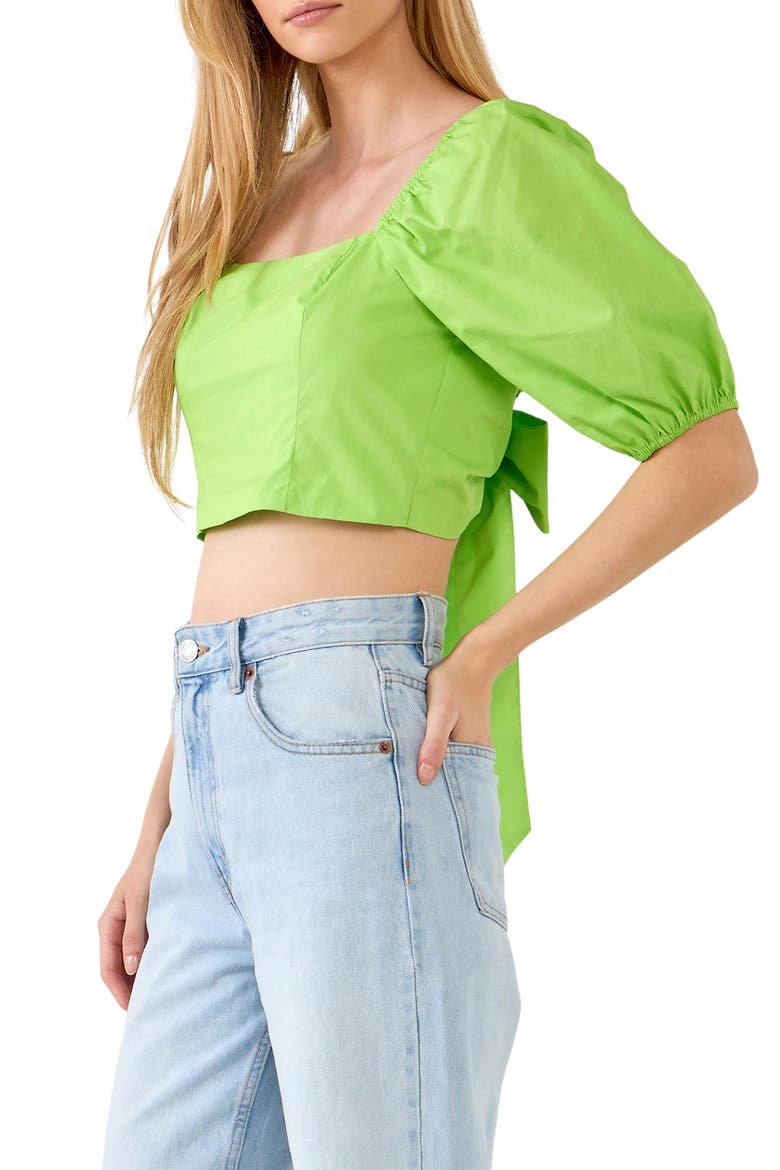 Puff Sleeve Bow Back Crop Top, Alternate, color, GREEN