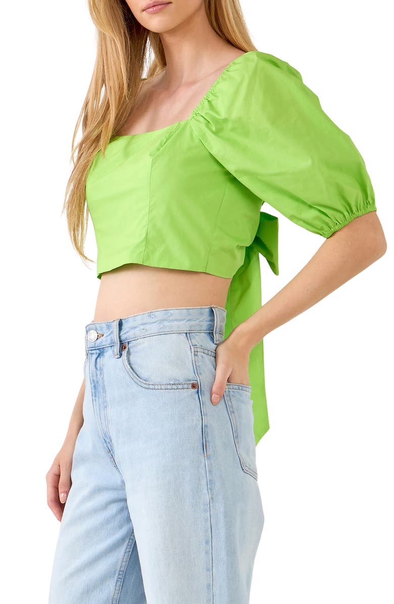 English Factory Puff Sleeve Bow Back Crop Top, Alternate, color, Green
