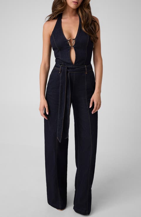 Emory Wide Leg Halter Denim Jumpsuit