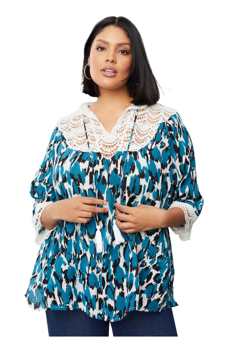 June + Vie Lace-Trim Crinkle Blouse, Main, color, Oasis Textured Spots