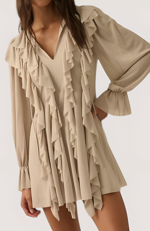 Modenaire Solid Knit Romper With V-neck Tie Closure, Cascading Ruffles And Long Bubble Sleeves In Neutral