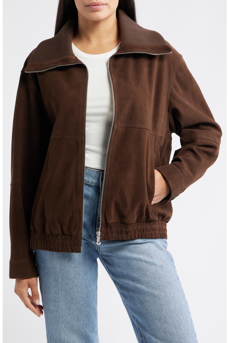 Oversize Suede Bomber Jacket, Main, color, DARK CHOCOLATE