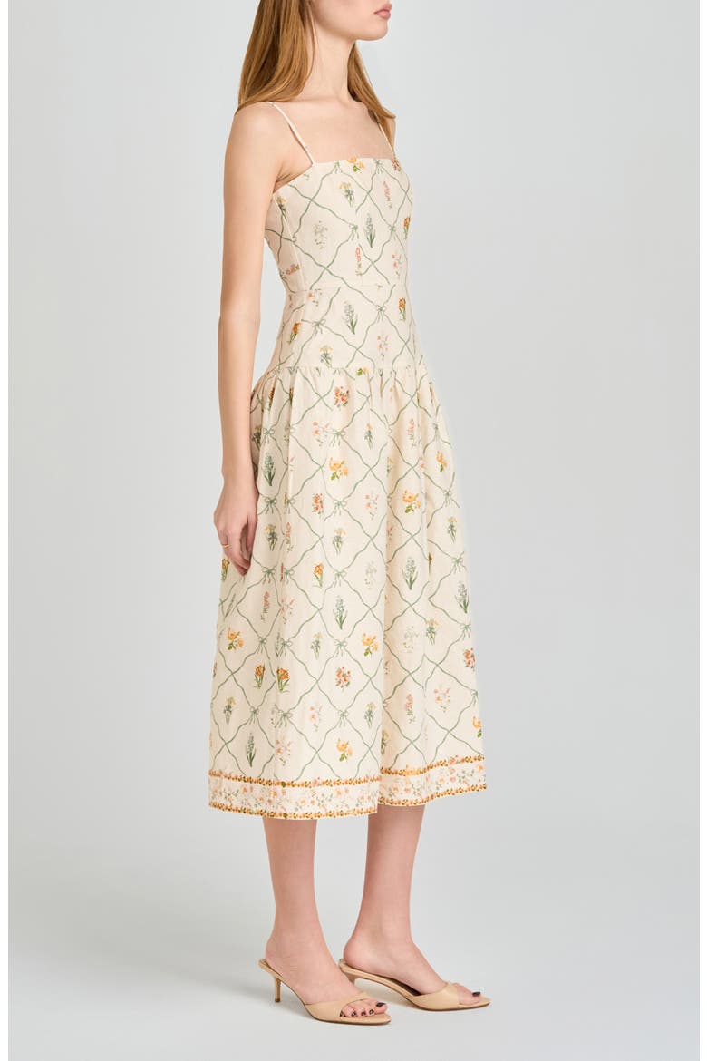 wayf strapless linen blend midi dress WAYF Juliet Midi Dress | Floral/Off White | Size M