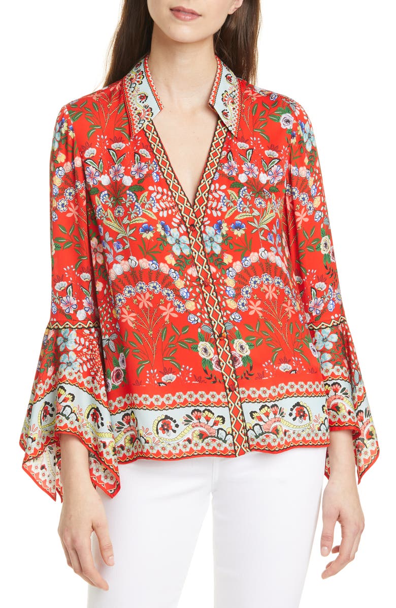 Alice + Olivia Randa Mix Floral Trumpet Sleeve Blouse, Main, color, 