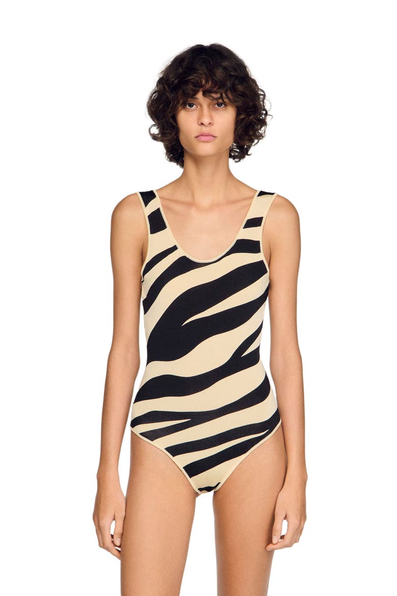 Zebra print knit bodysuit, Main, color, Ecru / black