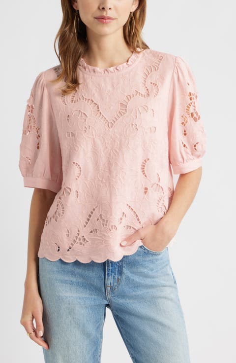Embroidered Cutwork Puff Sleeve Linen Blend Top
