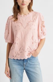 Treasure & Bond Embroidered Cutwork Puff Sleeve Linen Blend Top