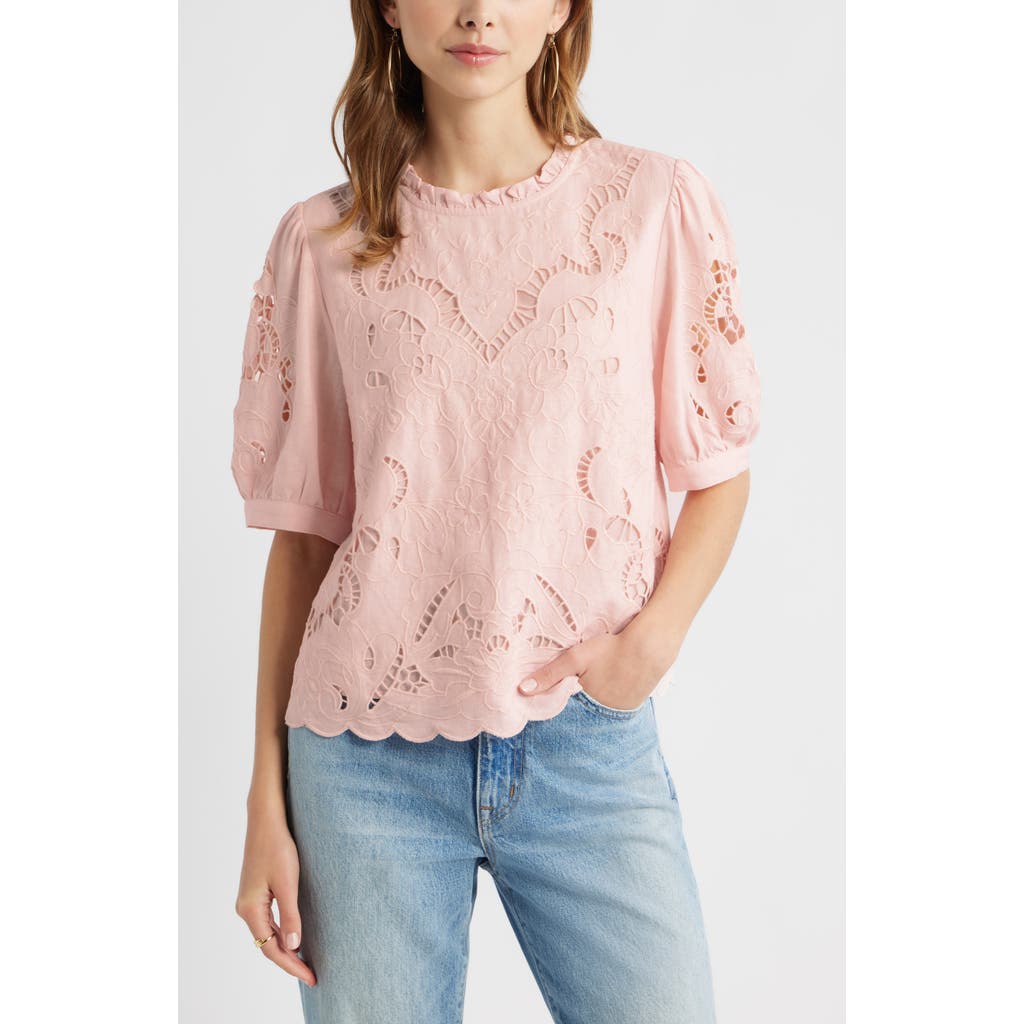 Treasure & Bond Embroidered Cutwork Puff Sleeve Linen Blend Top In Pink Lotus