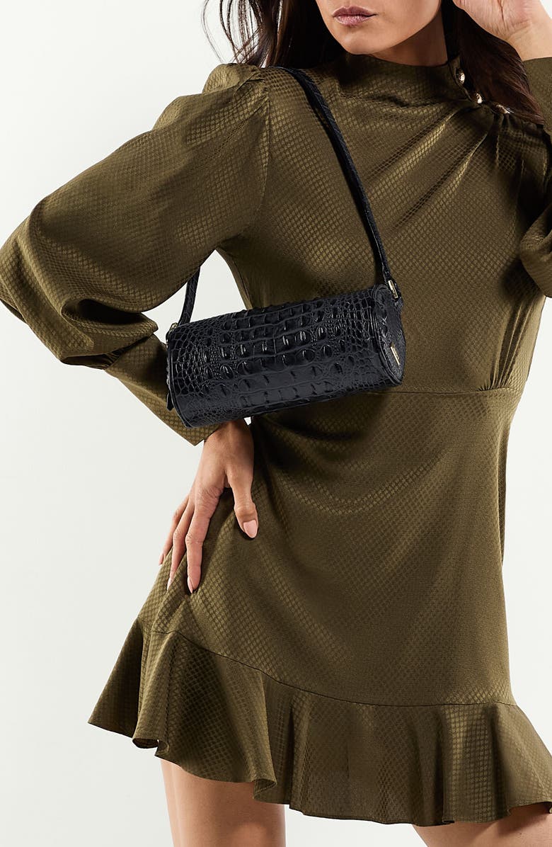 Brahmin Billie Denim & Croc Embossed Leather Barrel Bag, Alternate, color,