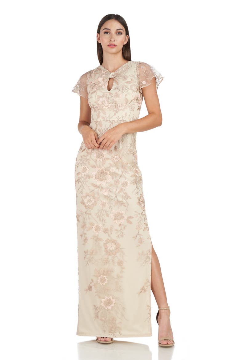 Jorden Bow Embroidered Column Gown, Alternate, color, CHAMPAGNE