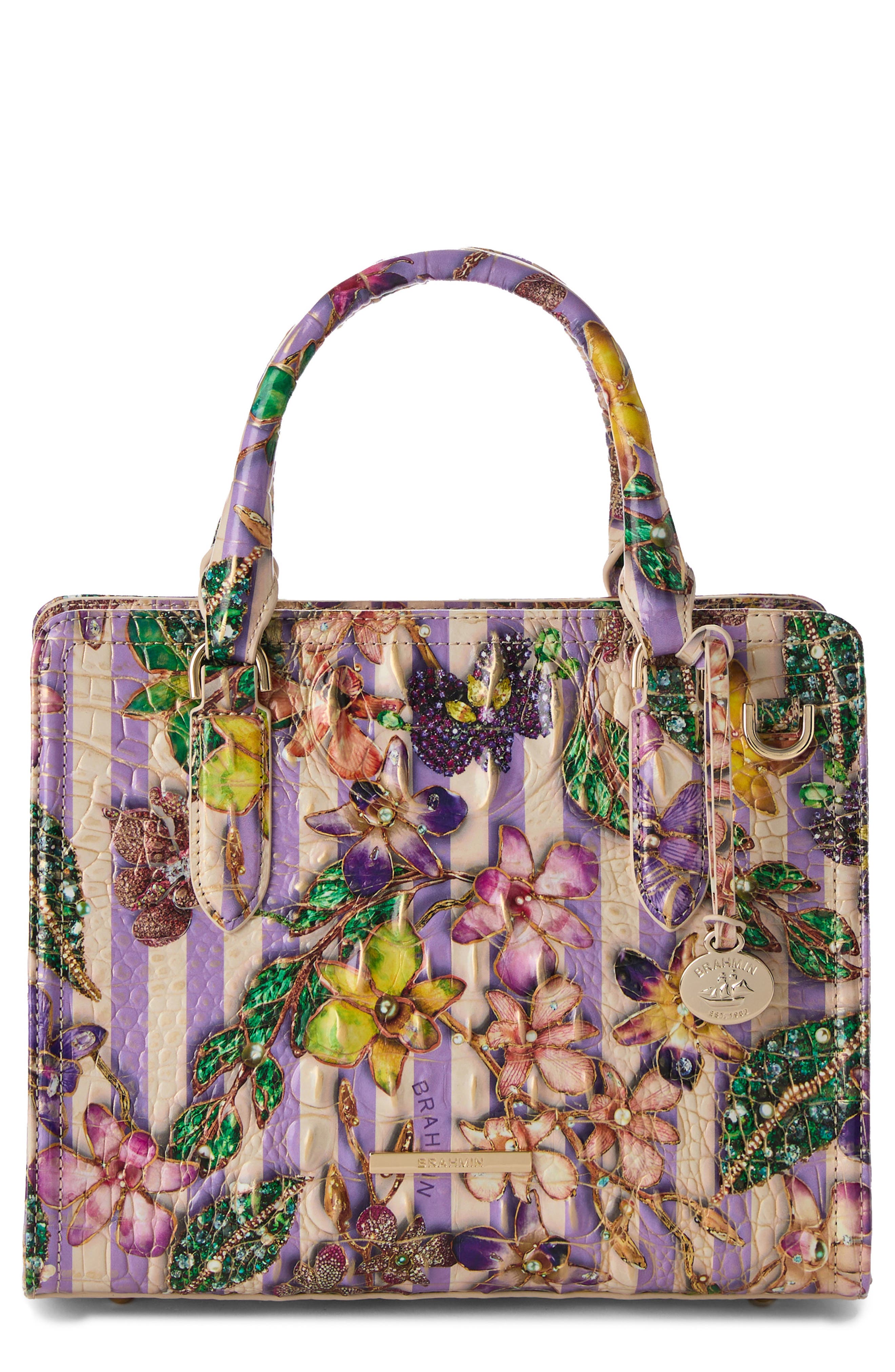 Brahmin Cami Embossed Leather Satchel, Main, color, Pinstripe Petals