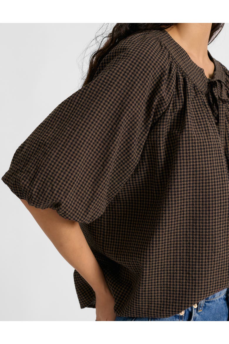 Gingham Blouson Sleeve Top, Alternate, color, Chocolate