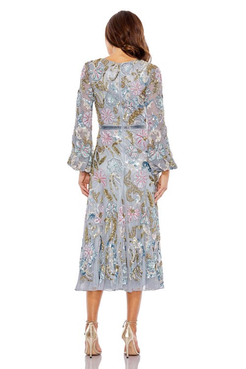 Mac Duggal Elegant Long Cuff Sleeve Embellished Midi Dress In Platinum Multi