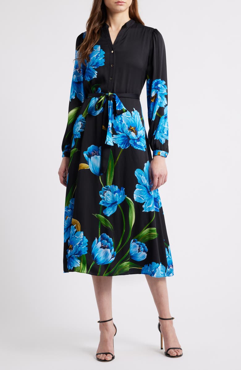 Elie Tahari The Mila Placed Floral Long Sleeve Silk Blend Midi Dress, Main, color, Wildside Floral