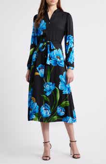 Elie Tahari The Mila Placed Floral Long Sleeve Silk Blend Midi Dress