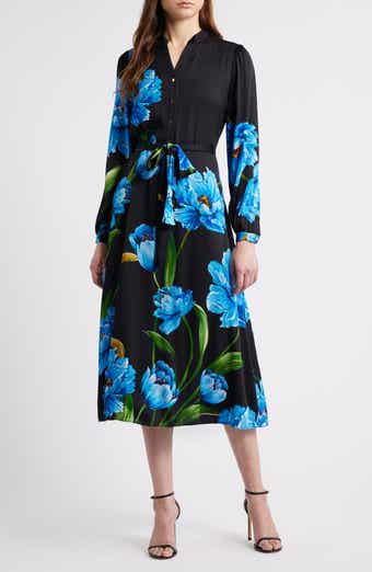 Elie Tahari The Mila Placed Floral Long Sleeve Silk Blend Midi Dress